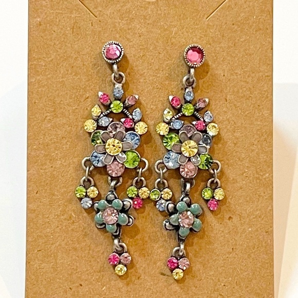 Crystal/Enamel Dangle Flower Push Back Earrings Vintage - Picture 1 of 7